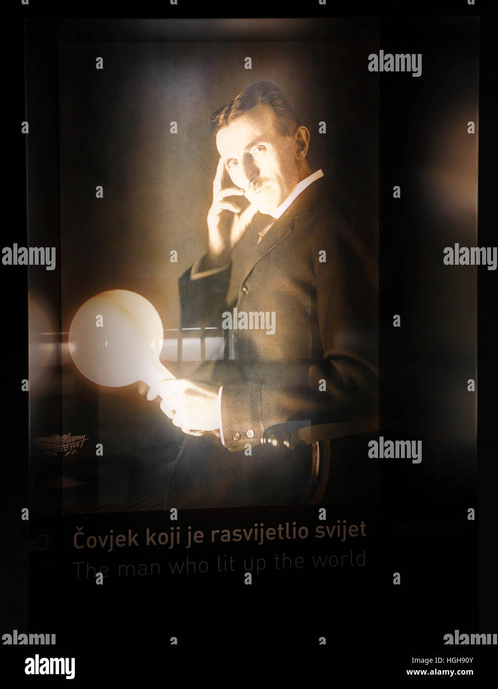 Nikola Tesla portrait photography in memorial center in Smiljan, Croatia Stock Photo