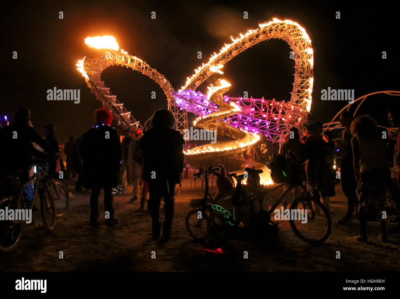 Tympani Lambada art installation of Flaming Lotus Girls camp at Burning Man Festival in Black Rock City, Nevada, 2011 Stock Photo