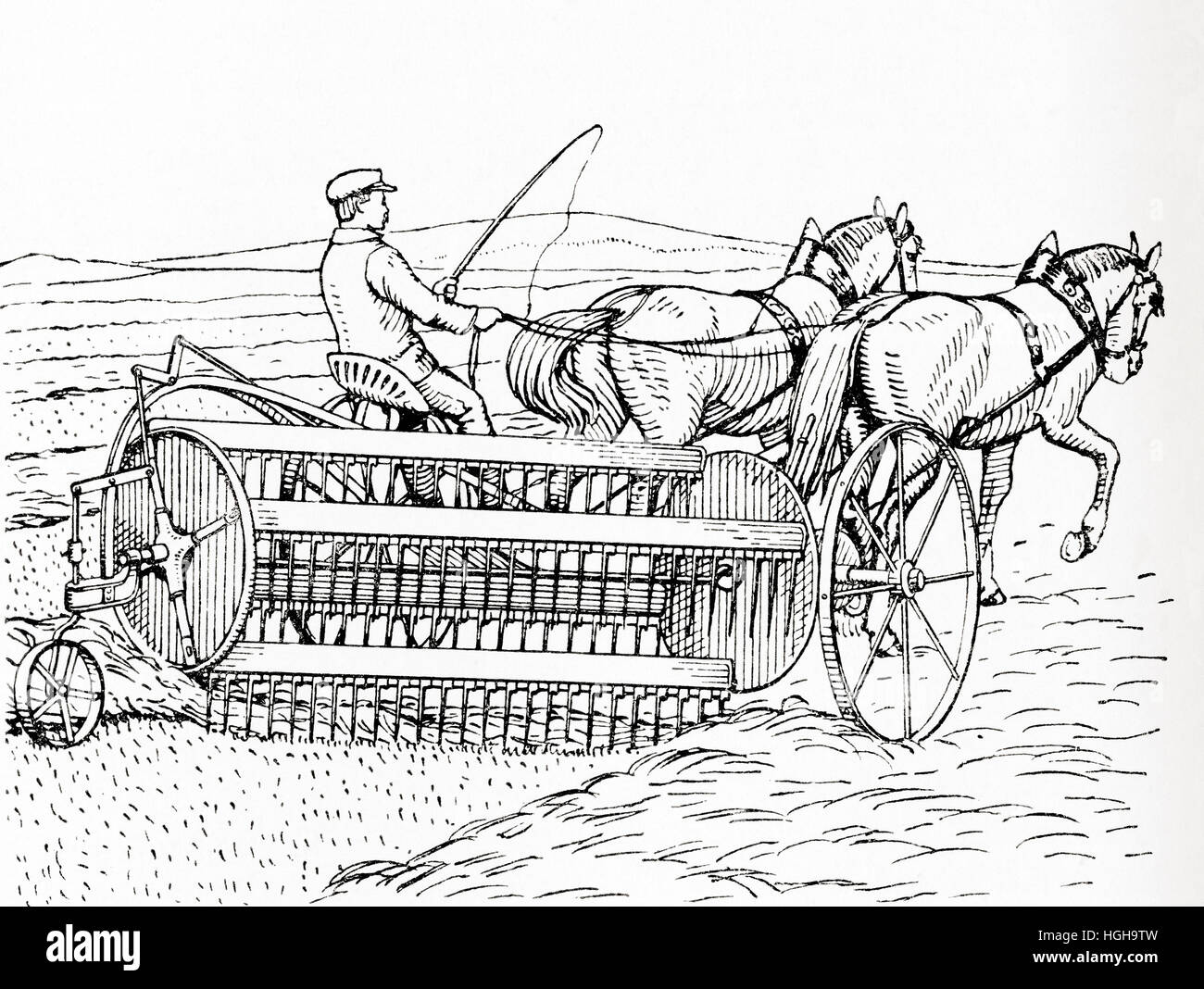 A horse drawn hay rake. From Meyers Lexicon, published 1924 Stock Photo