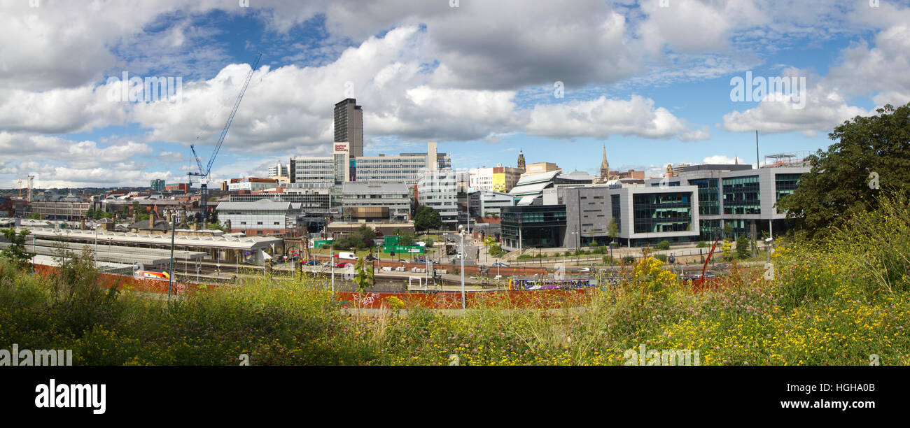 Panorama of Sheffield city centre skyline on a bright summer day, South Yorkshire northern England, UK Stock Photo