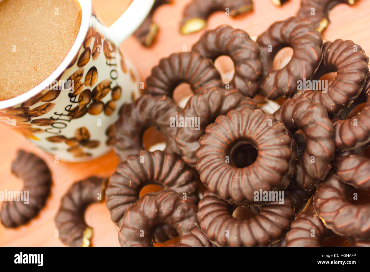 Coffee and chocolate biscuits closeup Stock Photo