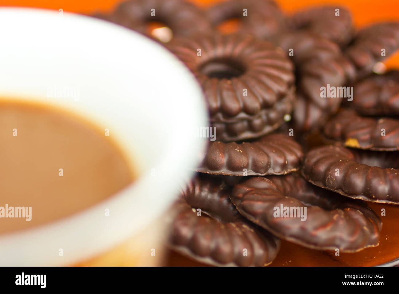 Coffee and chocolate biscuits closeup Stock Photo