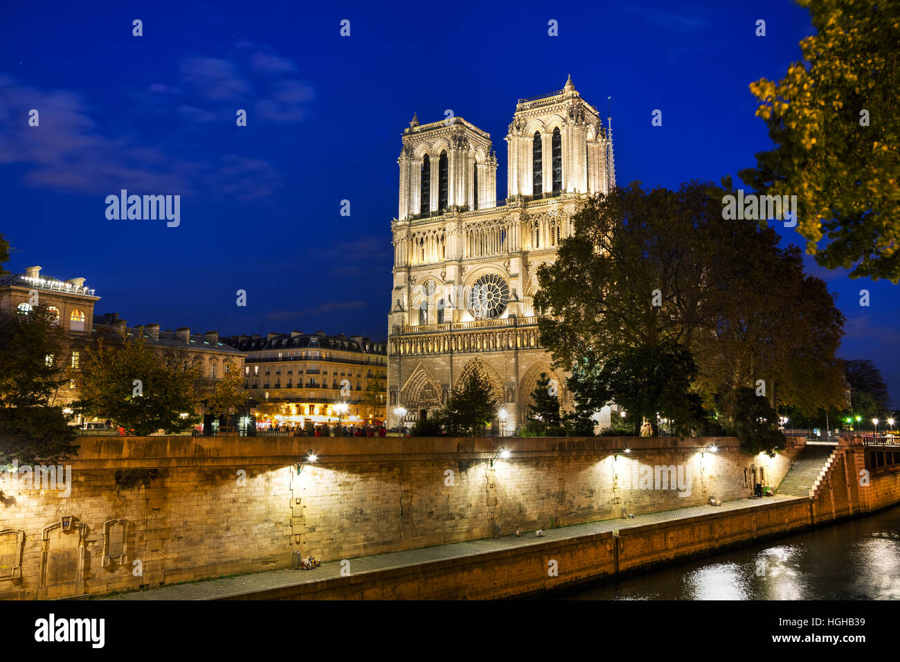 Notre Dame de Paris cathedral at night Stock Photo