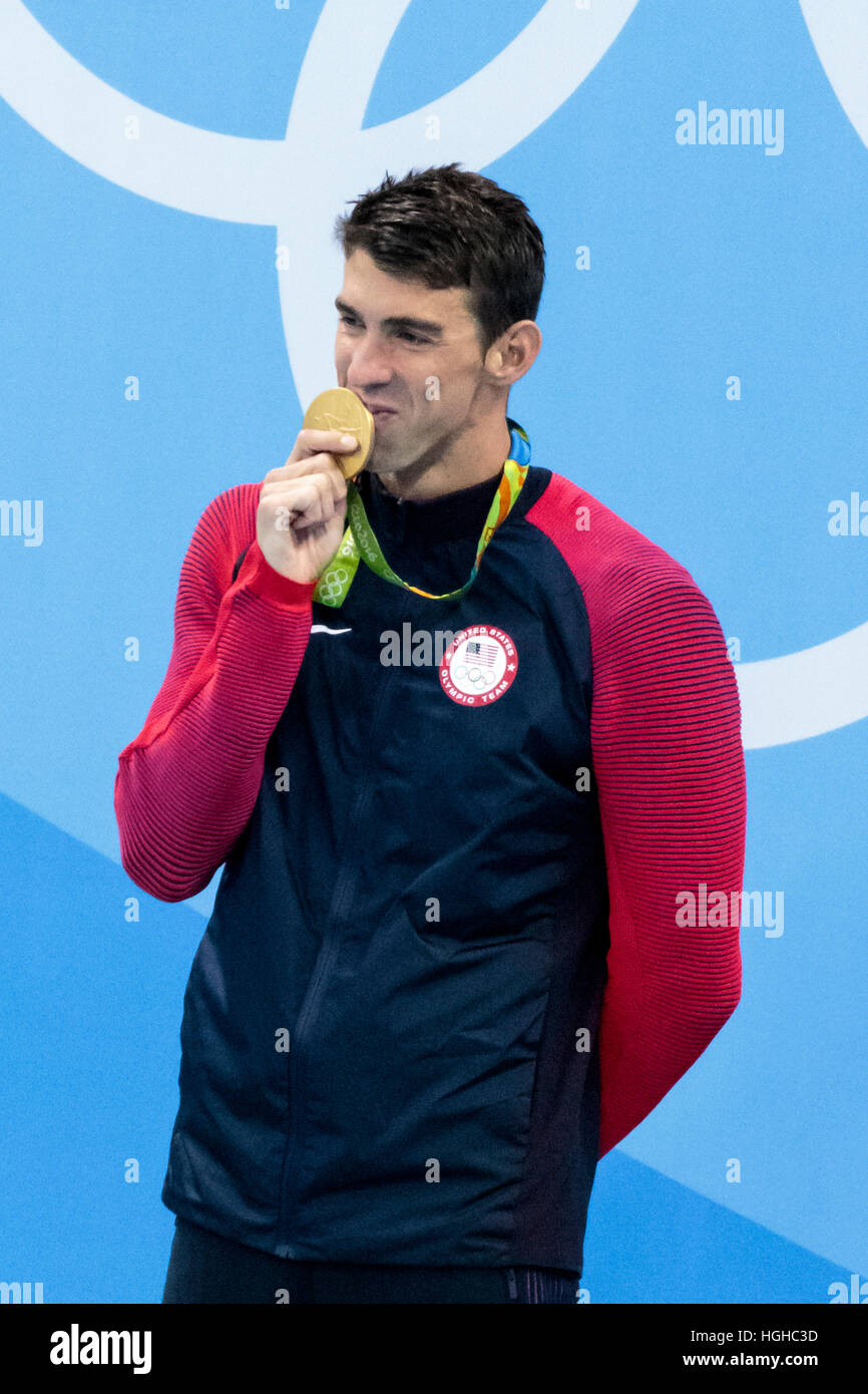 Rio de Janeiro, Brazil. 11 August 2016. Michael Phelps (USA) winner, of the men's 200m individual medley final at the 2016 Olympic Summer Games. ©Paul Stock Photo