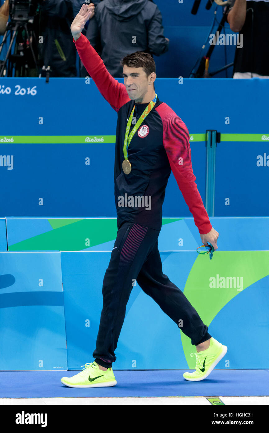 Rio de Janeiro, Brazil. 11 August 2016. Michael Phelps (USA) winner, of the men's 200m individual medley final at the 2016 Olympic Summer Games. ©Paul Stock Photo