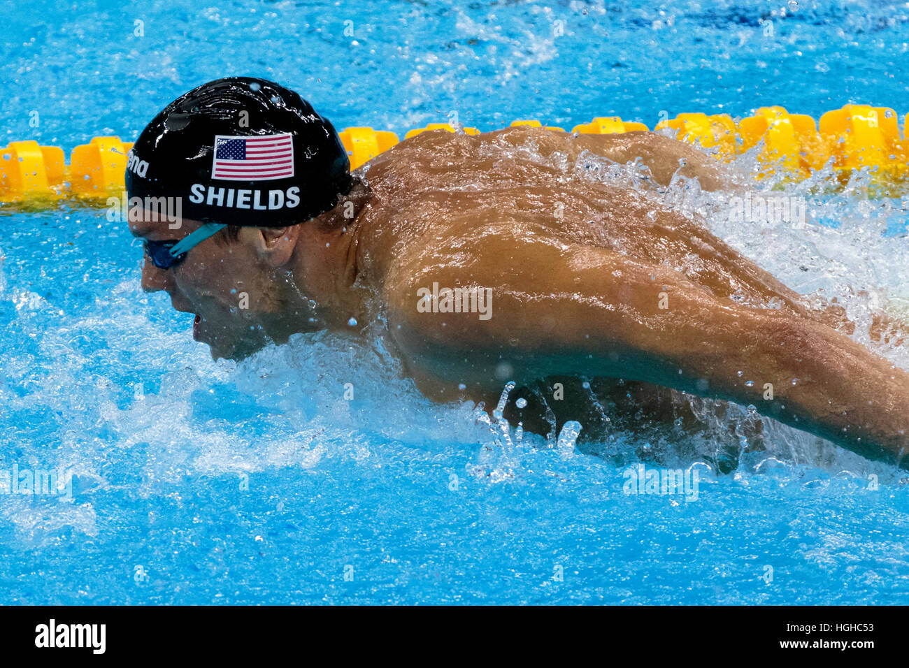 Rio de Janeiro, Brazil. 11 August 2016.  Tom Shields (USA) competing in the men's 100m butterfly semi final at the 2016 Olympic Summer Games. ©Paul J. Stock Photo