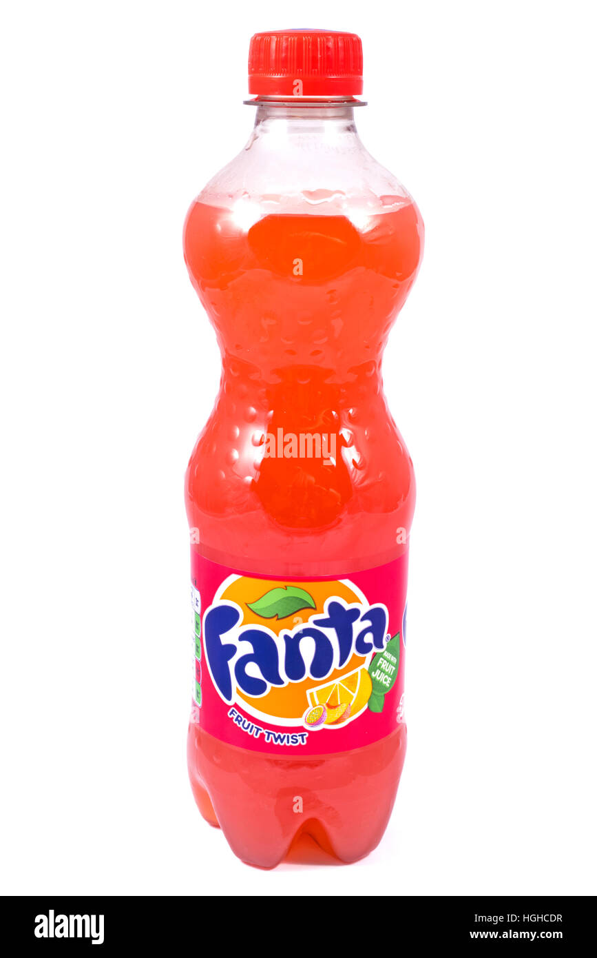 LONDON, UK - JANUARY 4TH 2017: A studio shot of a bottle of Fanta Fruit Twist over a plain white background, on 4th January 2017. Stock Photo