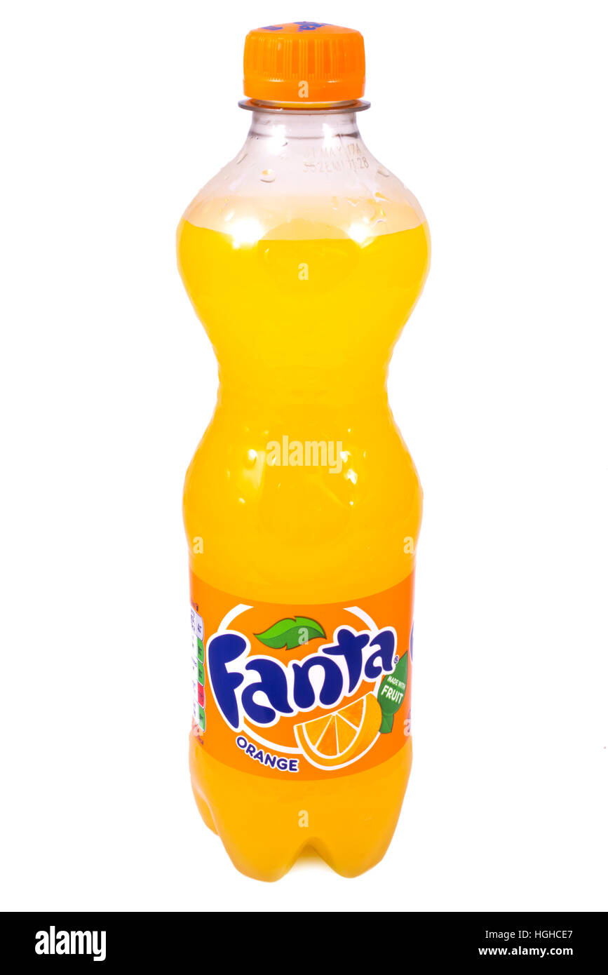 LONDON, UK - JANUARY 4TH 2017: A studio shot of a bottle of Fanta Orange over a plain white background, on 4th January 2017. Stock Photo