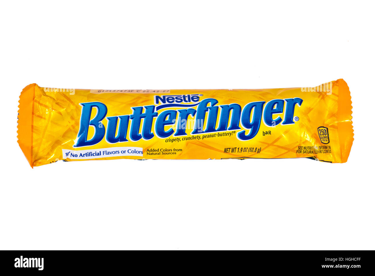 LONDON, UK - JANUARY 4TH 2017: A studio shot of a Butterfinger chocolate bar isolated over a plain white background, on 4th January 2017. Stock Photo