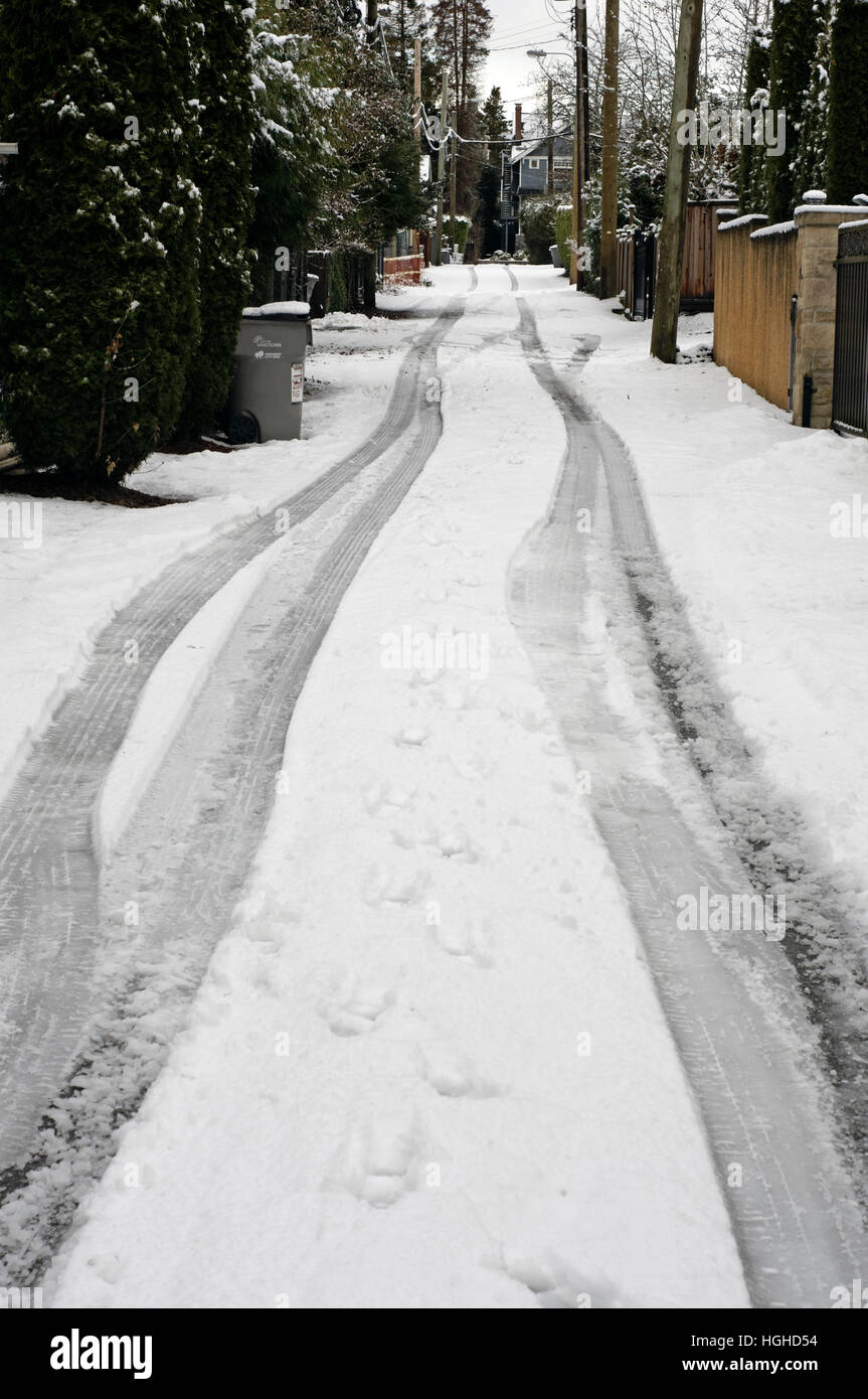 Tire marks and footprints in a snowy lane in a residential area, Vancouver, Canada Stock Photo