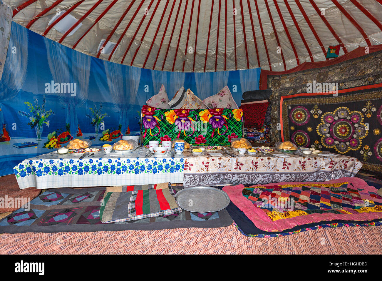 Lunch table in nomadic yurt, Kazakhstan Stock Photo