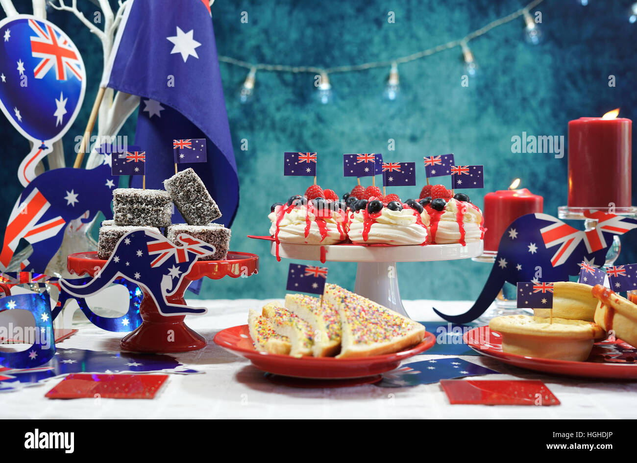Australian theme party table with flags and iconic food including mini