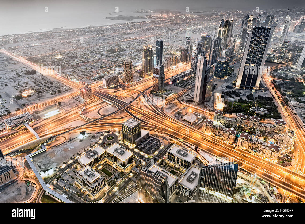 View of lines of traffic from the top of the Burj Khalifa, Dubai, UAE Stock Photo