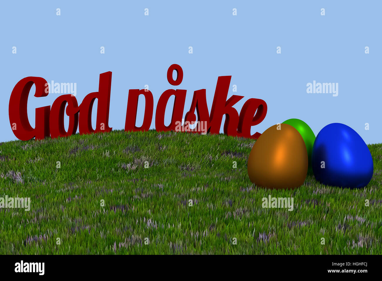 God paske, Danish Happy Easter. Green grass with the words Happy Easter and three colored eggs Stock Photo