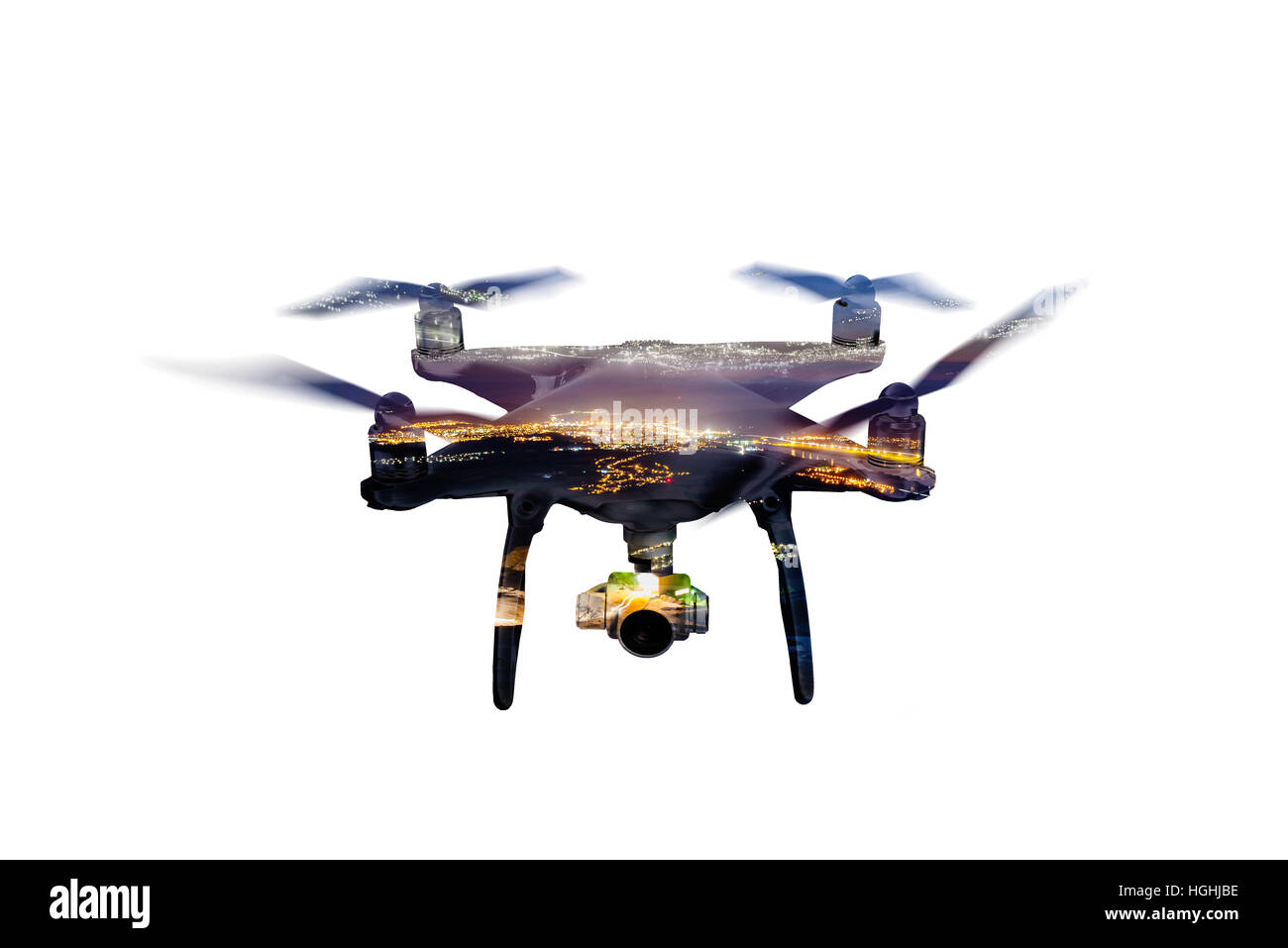 Double exposure. Hovering drone and city at night. Isolated. Stock Photo