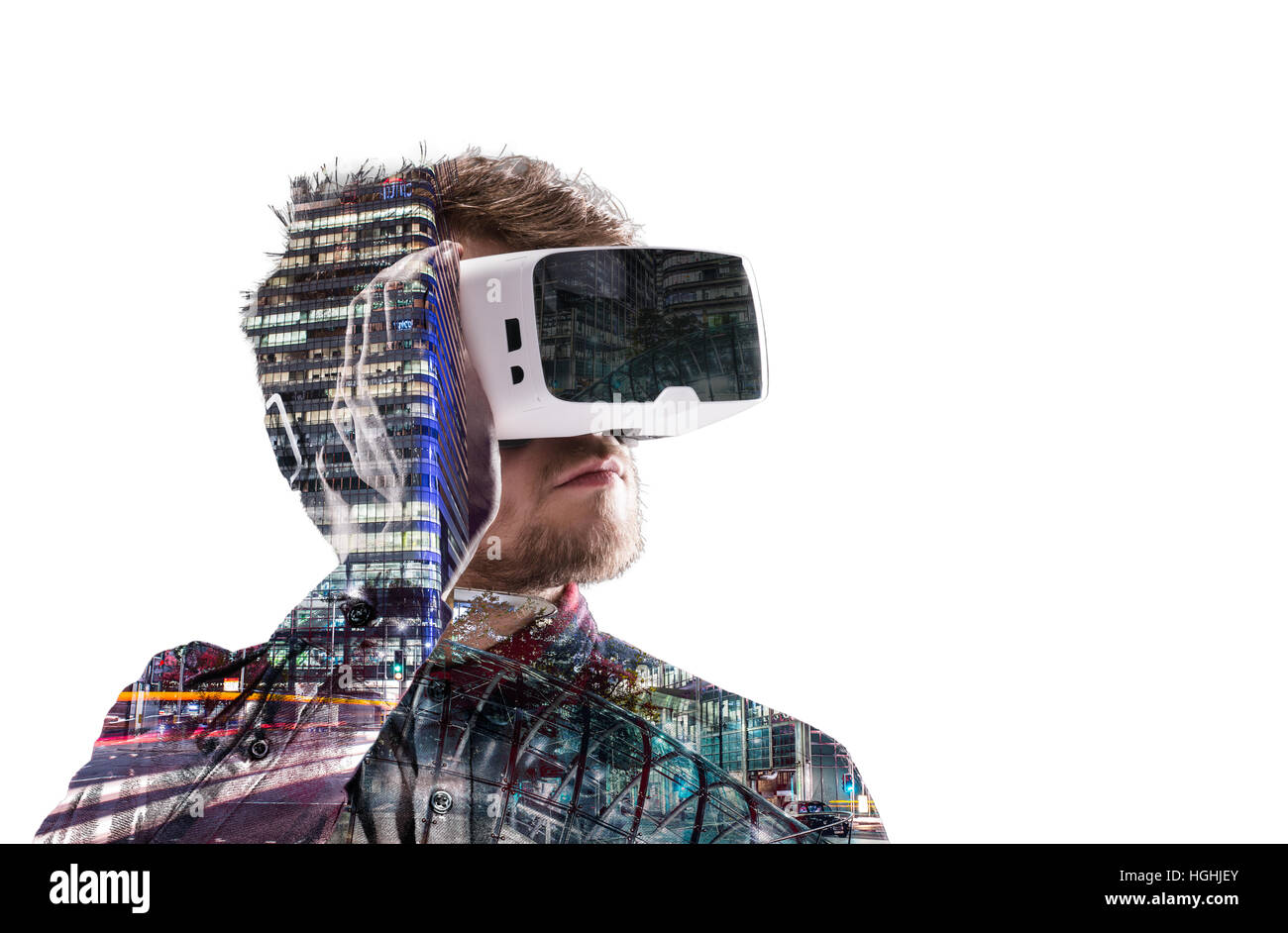 Double exposure. Man wearing virtual reality goggles. Night city Stock ...