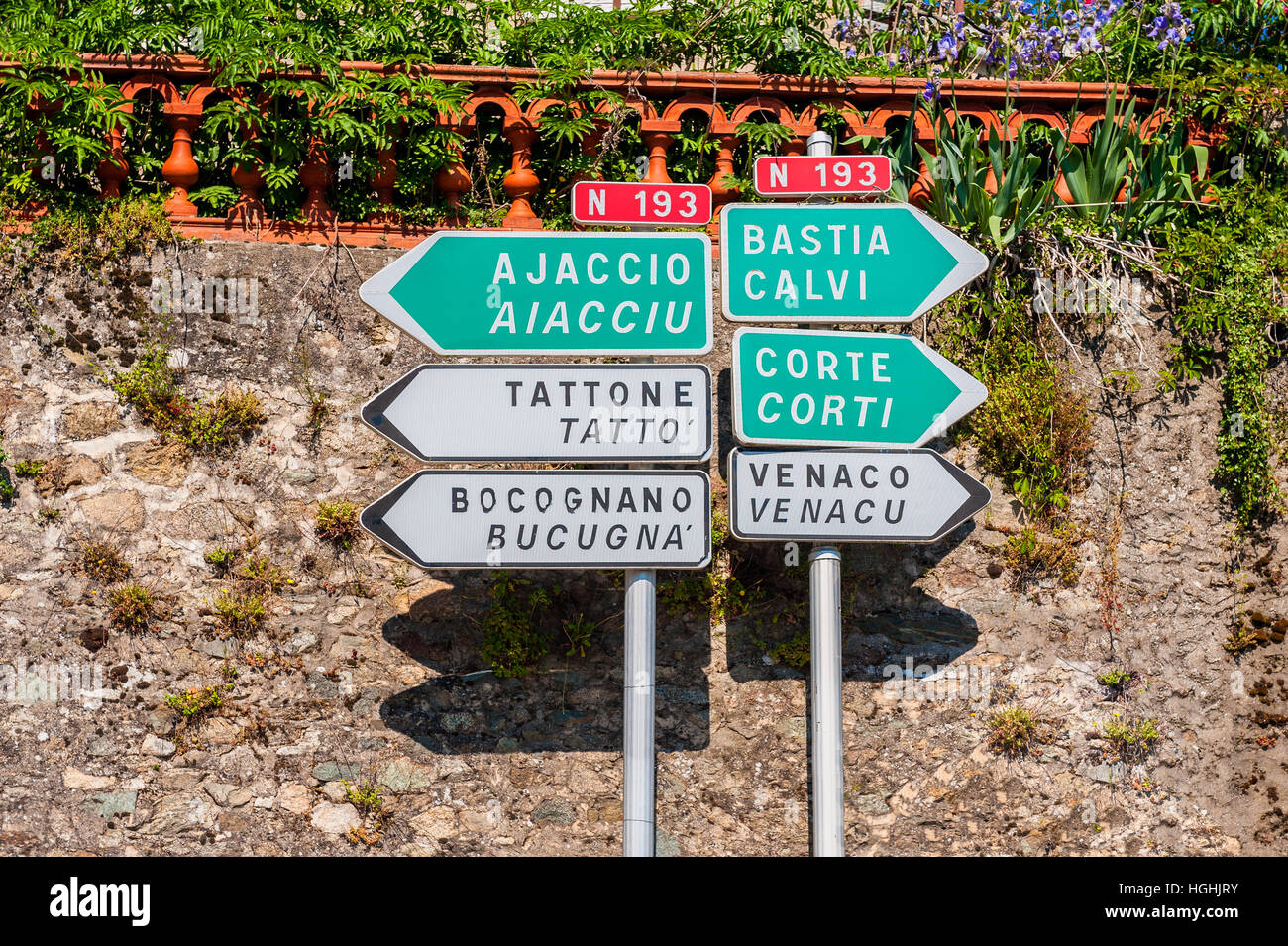 Directional Signs in central Corsica Stock Photo