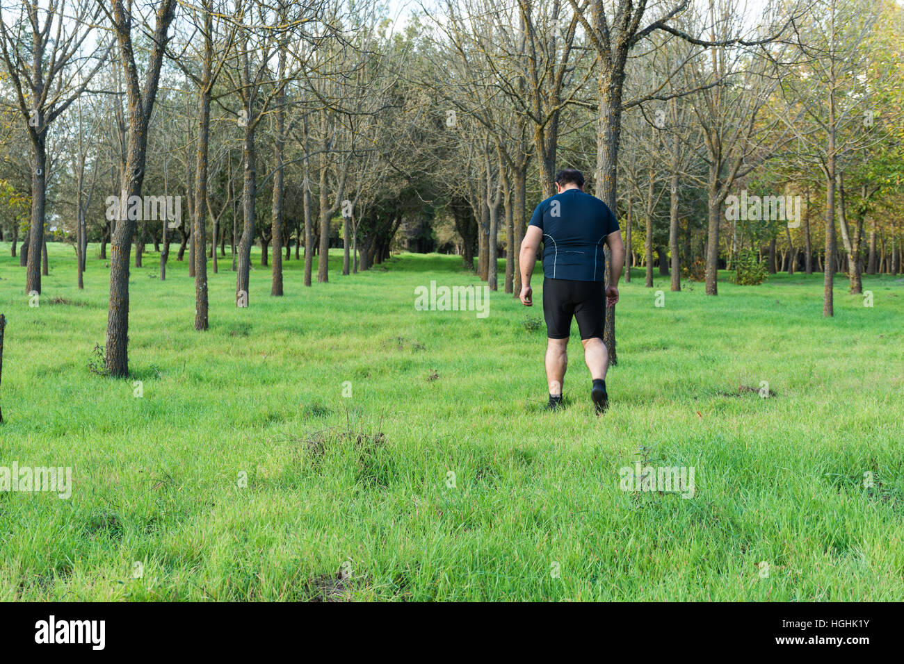 Big belly man jogging , exercising, doing cardio in the park , slightly overweight, loosing weight. On a lawn of green grass between trees without lea Stock Photo