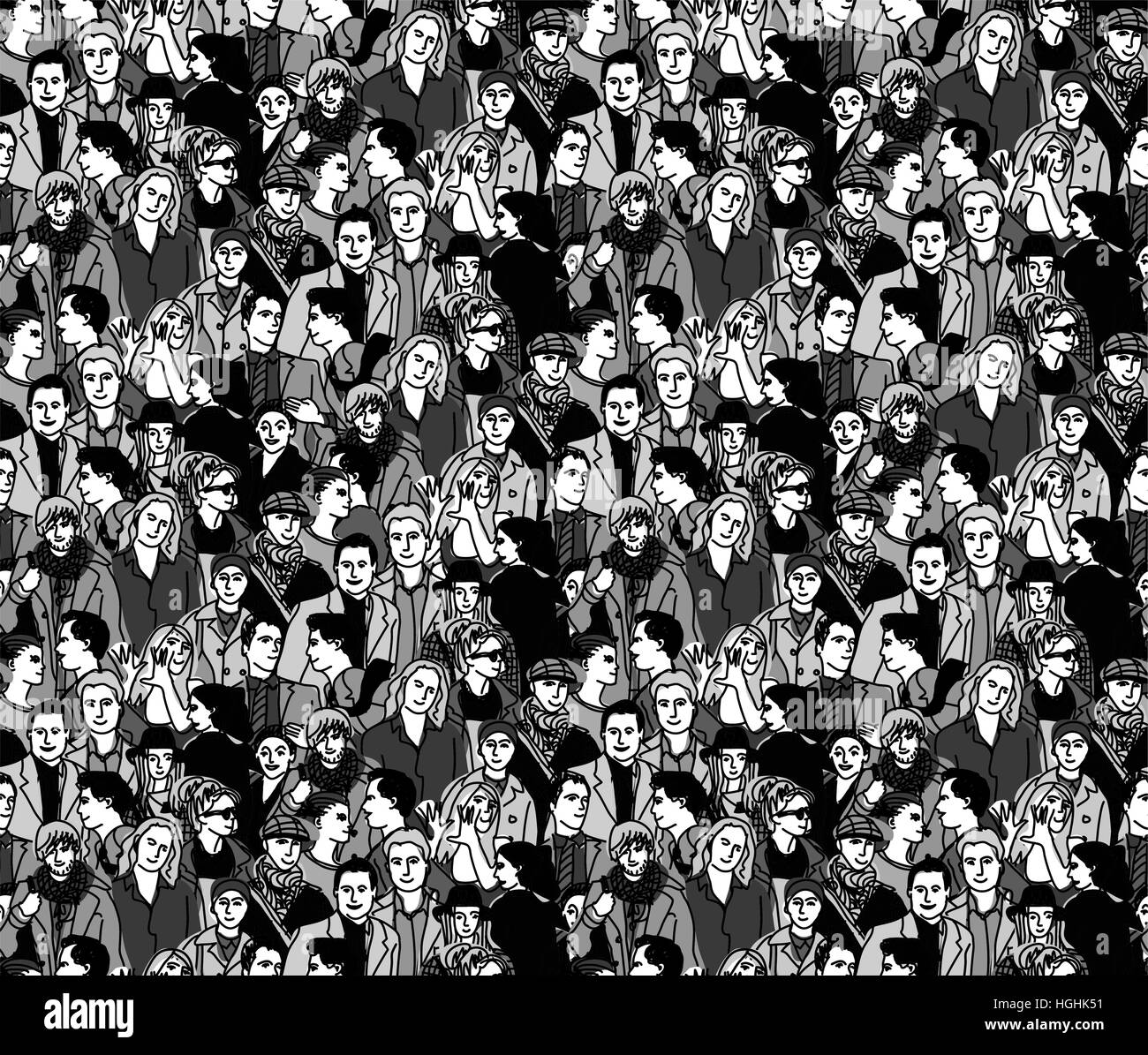 Crowd people black and white seamless pattern. Monochrome vector