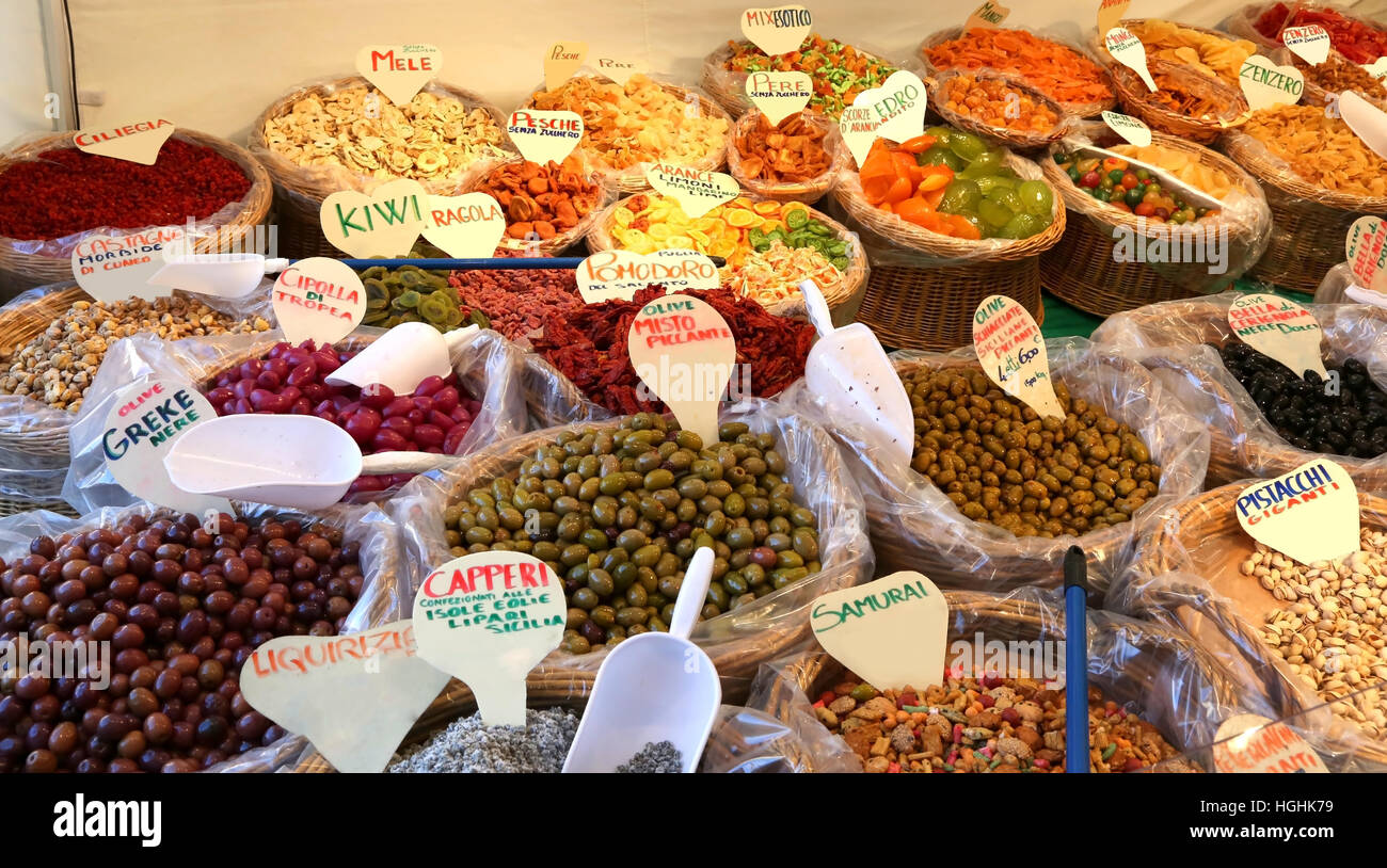 baskets of dried fruit for sale at the fruit market in Southern italy