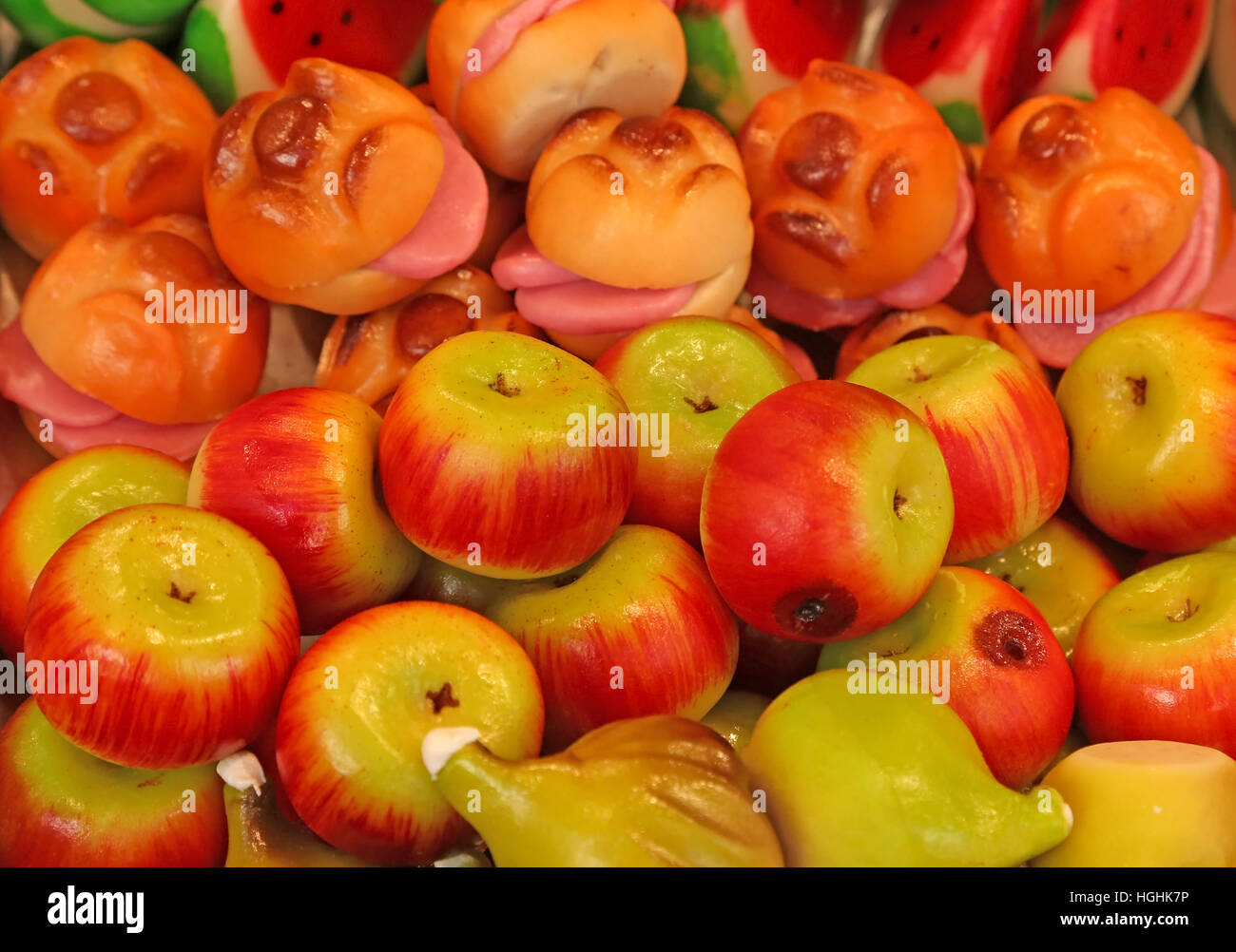 marzipan sweets that look like fruits for sale at market Stock Photo