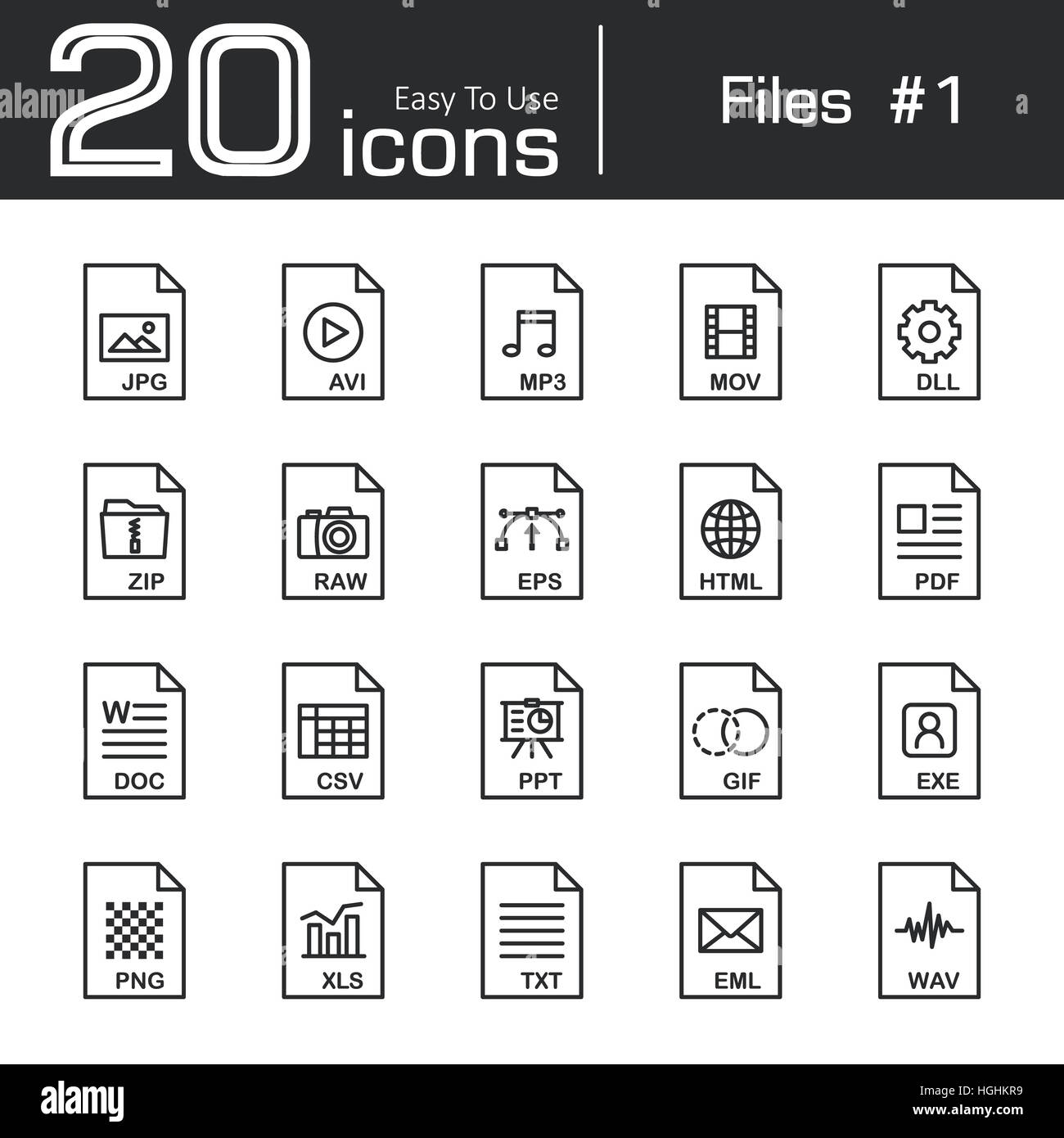 Files icon set 1 ( jpg , avi , mp3 , mov , dll , zip , raw , eps , html ,  pdf , doc , csv , ppt , gif , exe , png , xls , txt , eml , wav Stock Photo  - Alamy