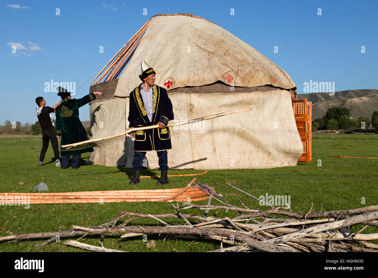 Nomadic people build a yurt in Saty Village, Kazakhstan Stock Photo