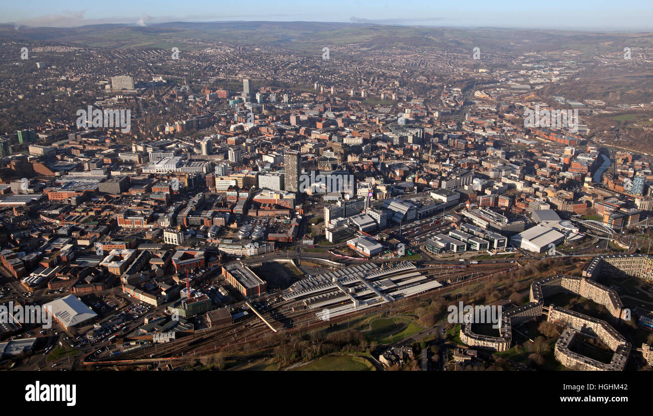 aerial view of the Sheffield city centre skyline, South Yorkshire, UK Stock Photo