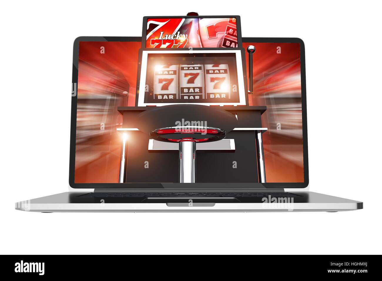 Online Slot Machine Games. Casino Online Concept 3D Render Illustration Isolated on White Background. One-Handed Bandit Slot Machine on the Computer S Stock Photo