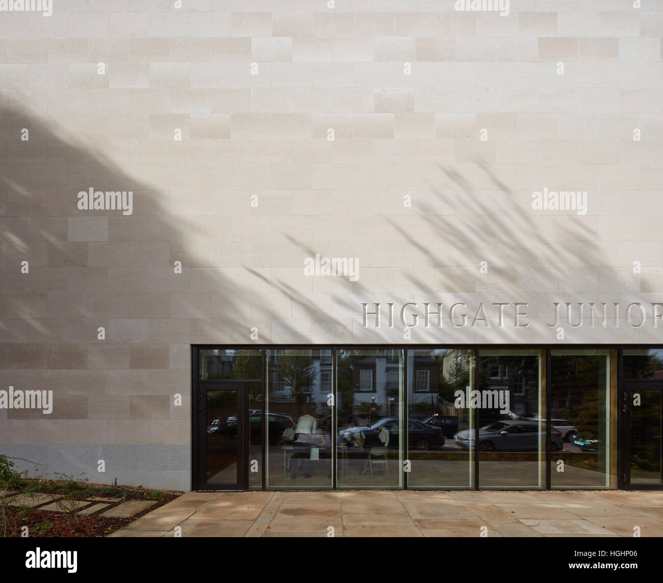 Detail of Portland Stone facade. Highgate Shool, London, United Kingdom. Architect: Architype Limited, 2016. Stock Photo