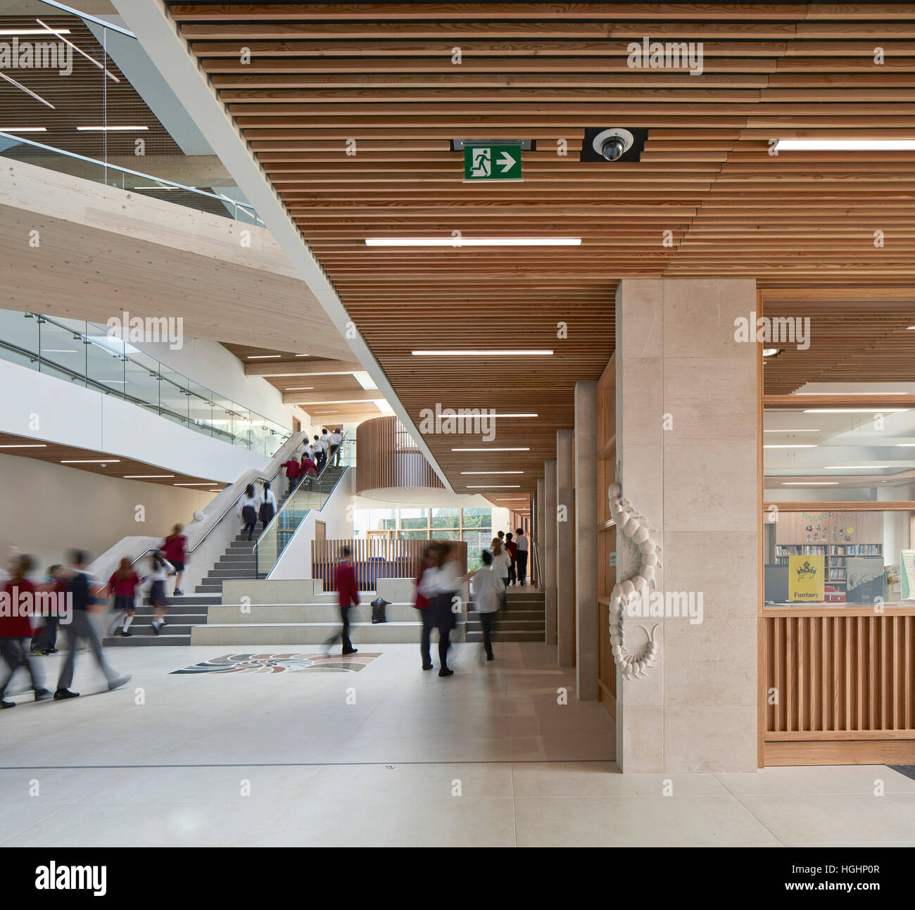 Main atrium with stone carving. Highgate Shool, London, United Kingdom ...