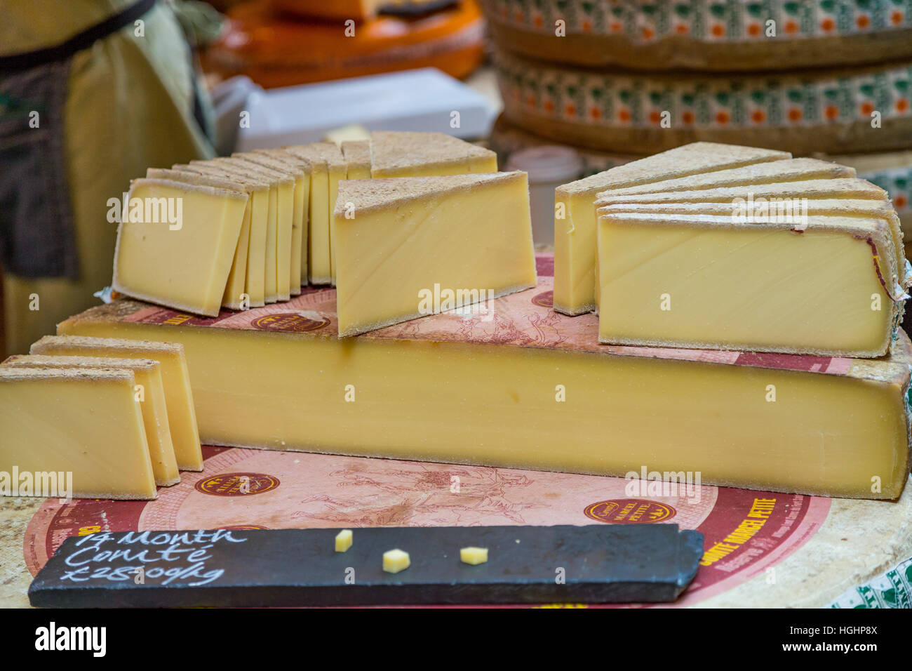 Hard cheeses in a London market Stock Photo