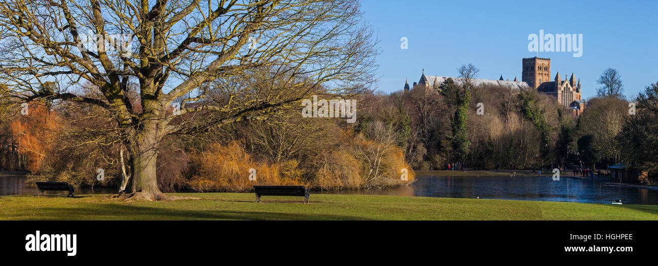 A panoramic view of Verulamium Park in the historic city of St. Albans, England.  The impressive St. Albans Cathedral can be seen in the distance. Stock Photo