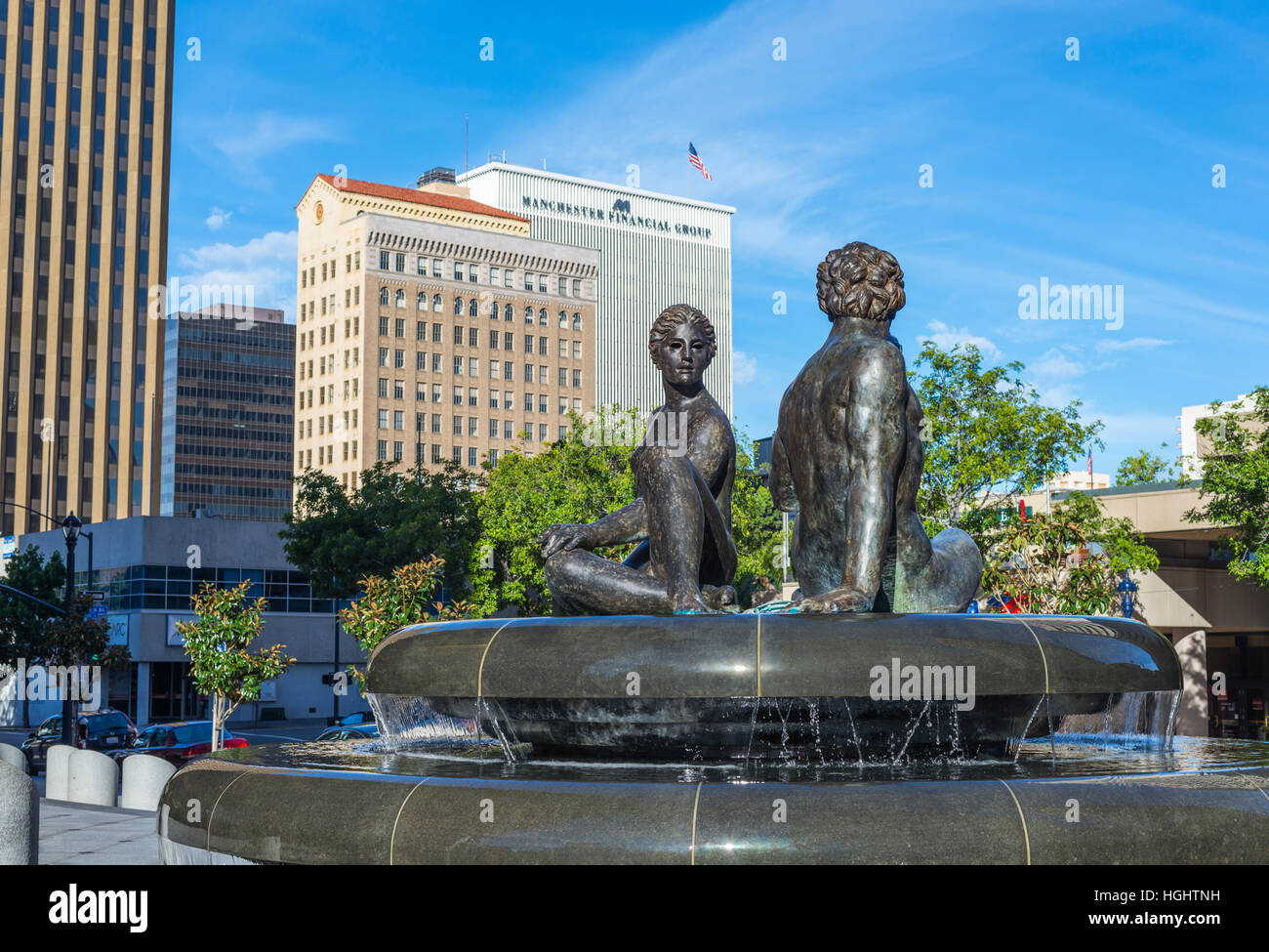 Fountain of Two Oceans sculpture and water fountain in downtown San Diego, California, USA. Stock Photo
