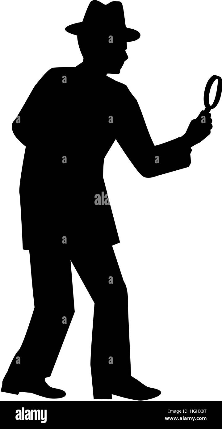 Detective. Man with magnifying glass silhouette. Stock Photo
