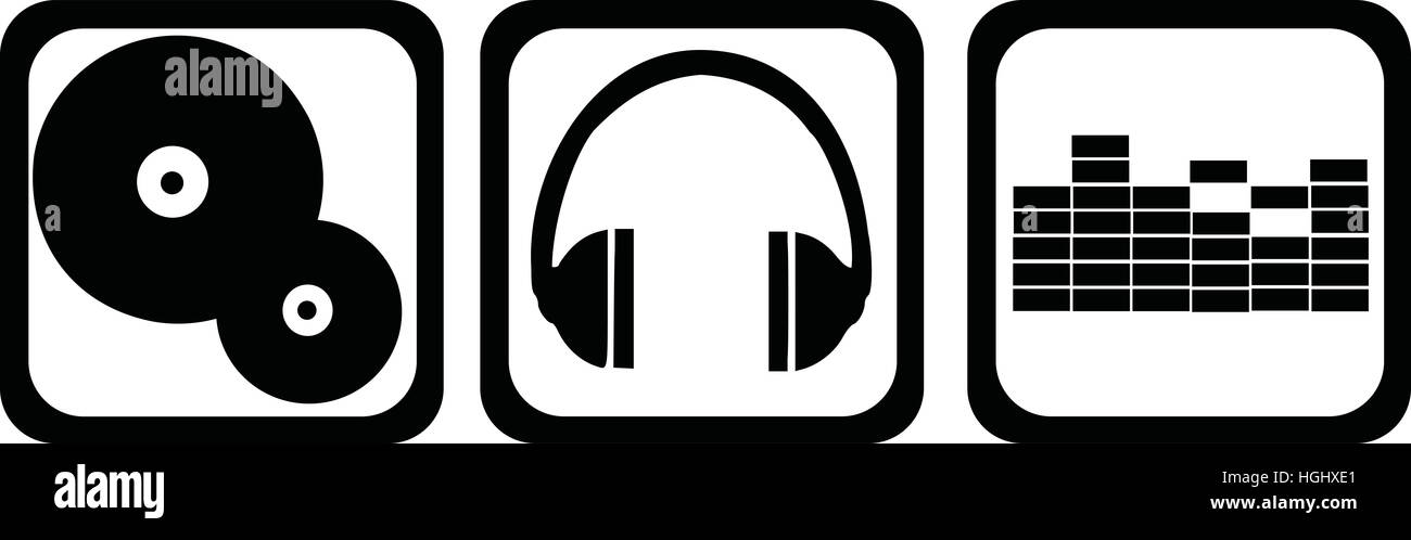 DJ icons - vinyl, headphones, equalizer Stock Photo