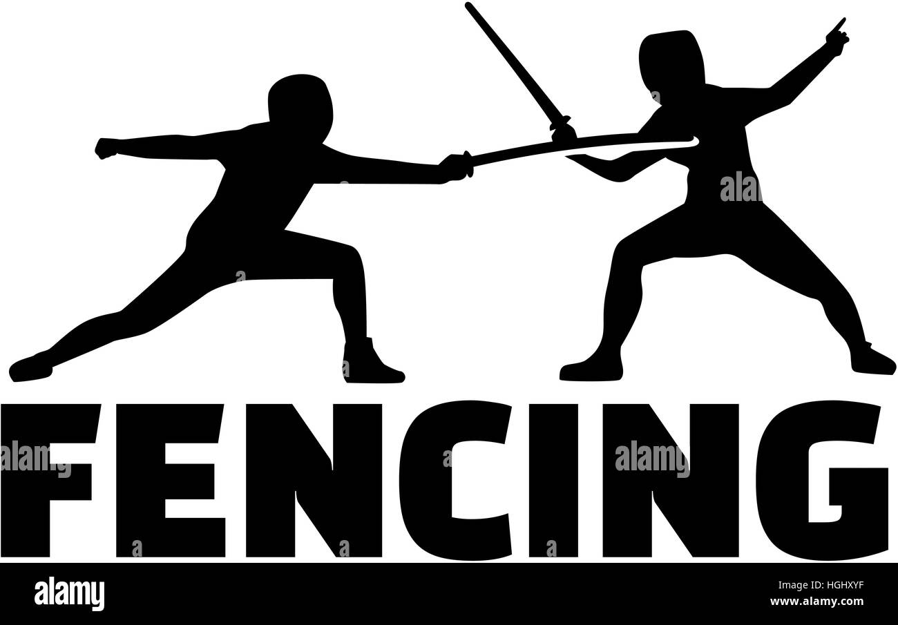 Fencing fighter with epees Stock Photo