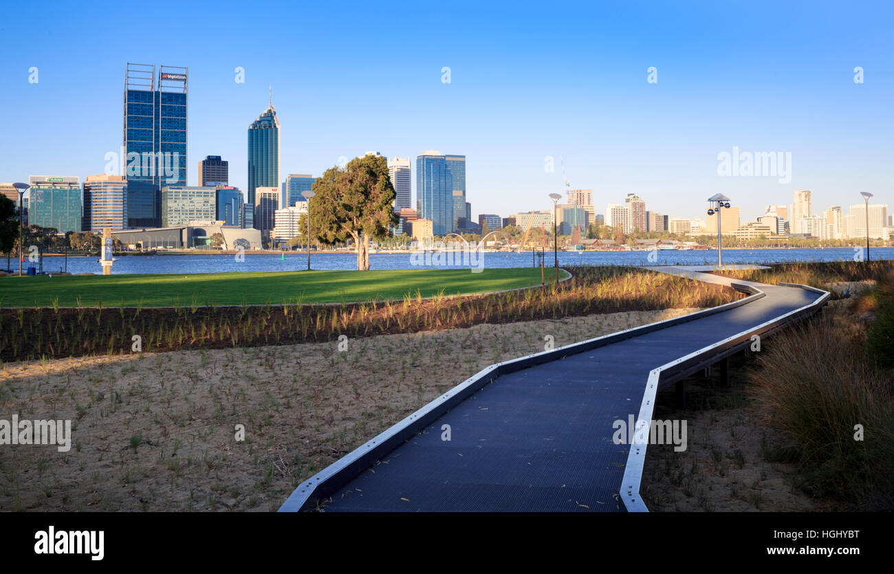 Boardwalk beside newly planted native plants at Mill Point redevelopment in South Perth Stock Photo