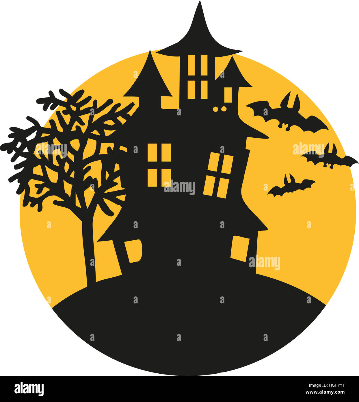 Haunted house with bats and moon Stock Photo