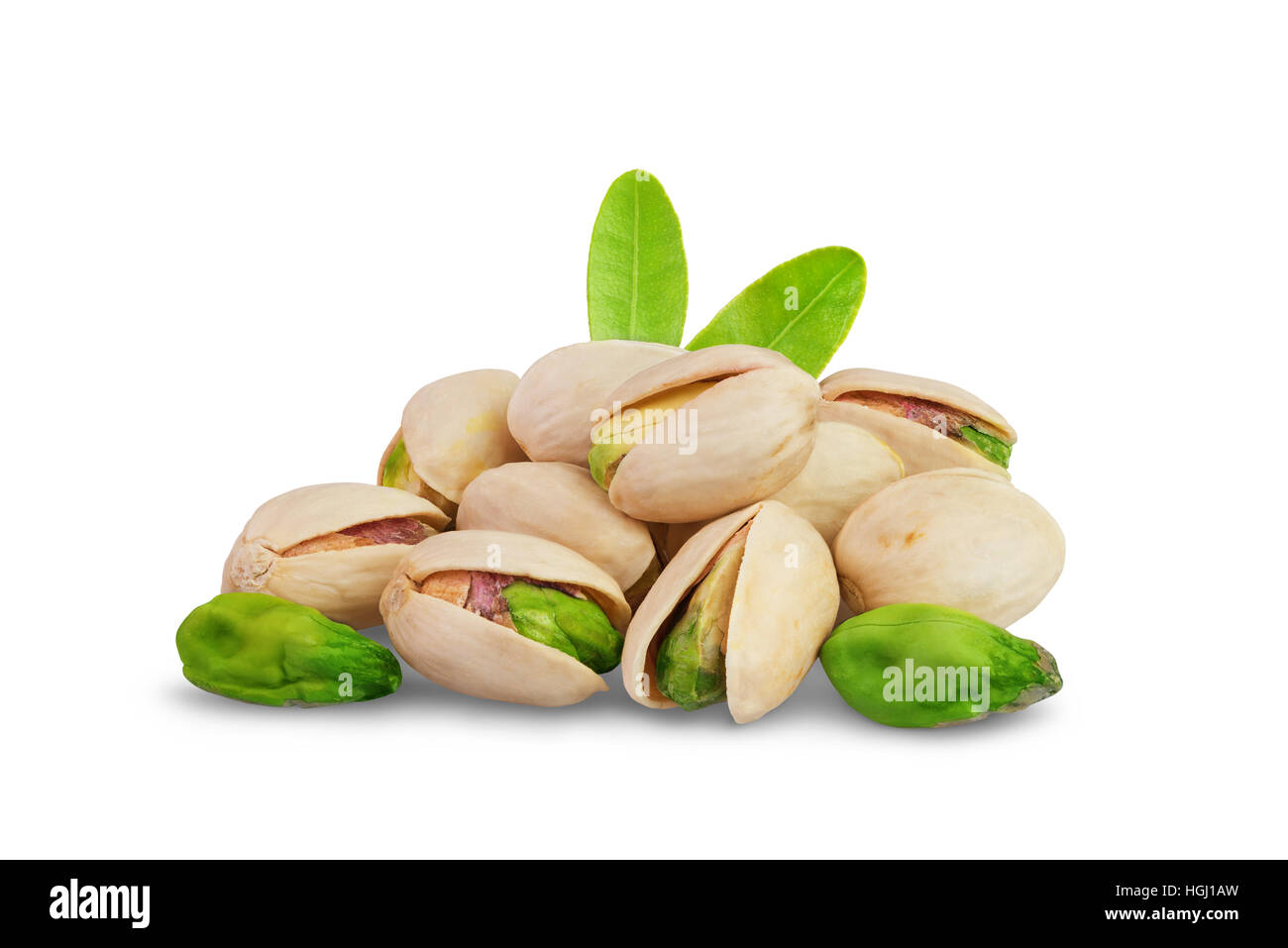 Pistachio nuts with leaf isolated on white background Stock Photo