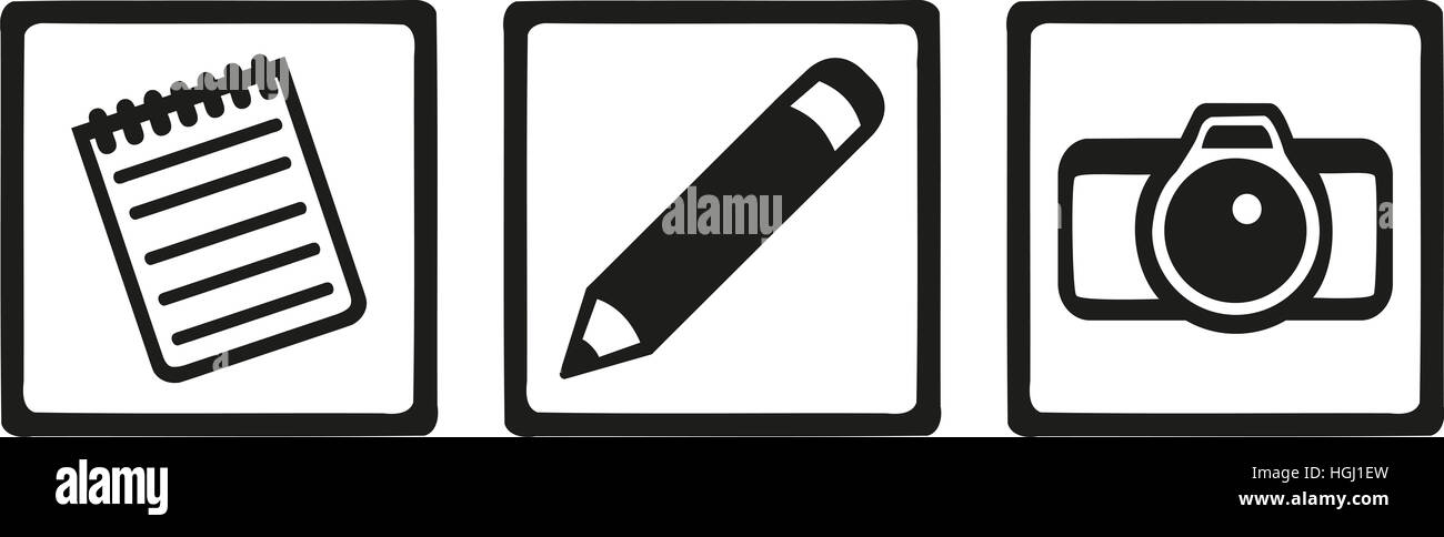 Journalist icons - pencil notepad camera Stock Photo - Alamy