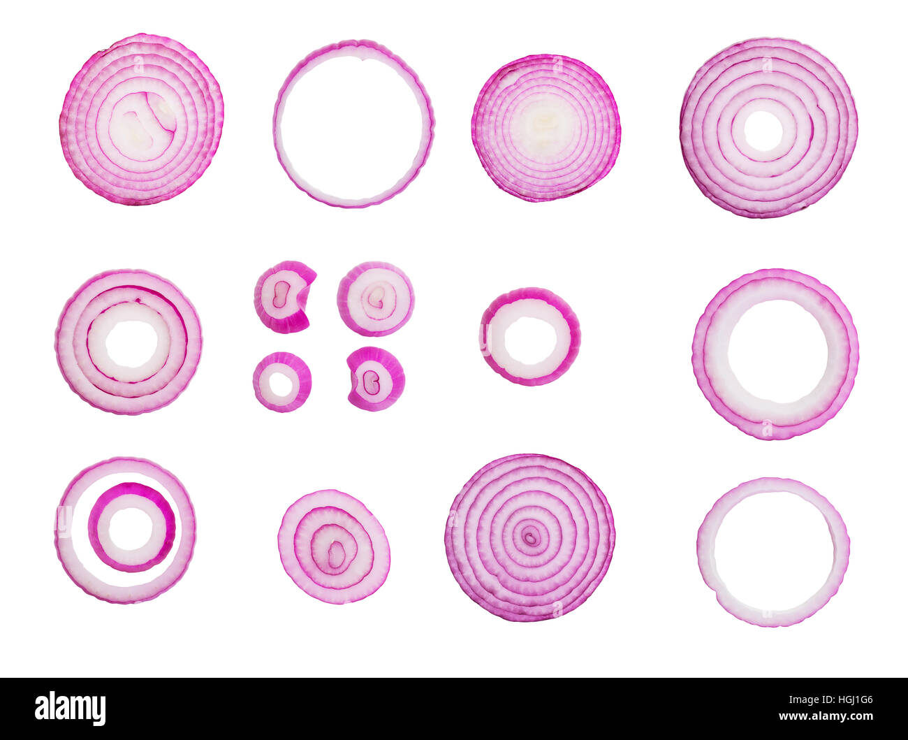 sliced red onions set isolated on white background,top view Stock Photo