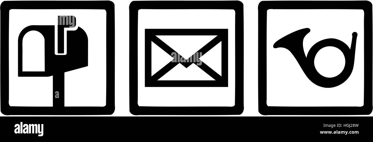 Mailman icons - mailbox, letter and post horn Stock Photo
