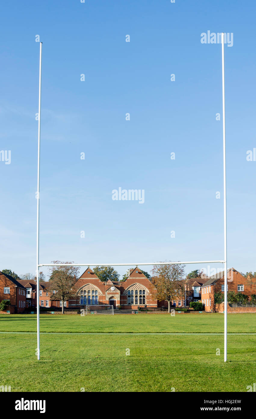 School buildings from rugby field, Gordon's School, West End, Surrey, England, United Kingdom Stock Photo