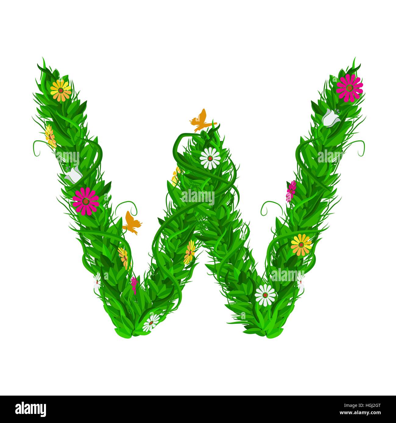 W Green eco letter with leaves and flowers for your design. Flat color ...