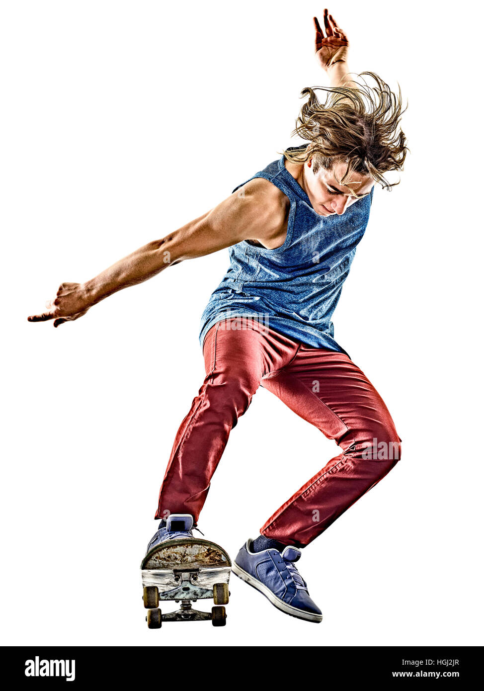 one caucasian skateboarder young teenager man skateboarding isolated on white background Stock Photo