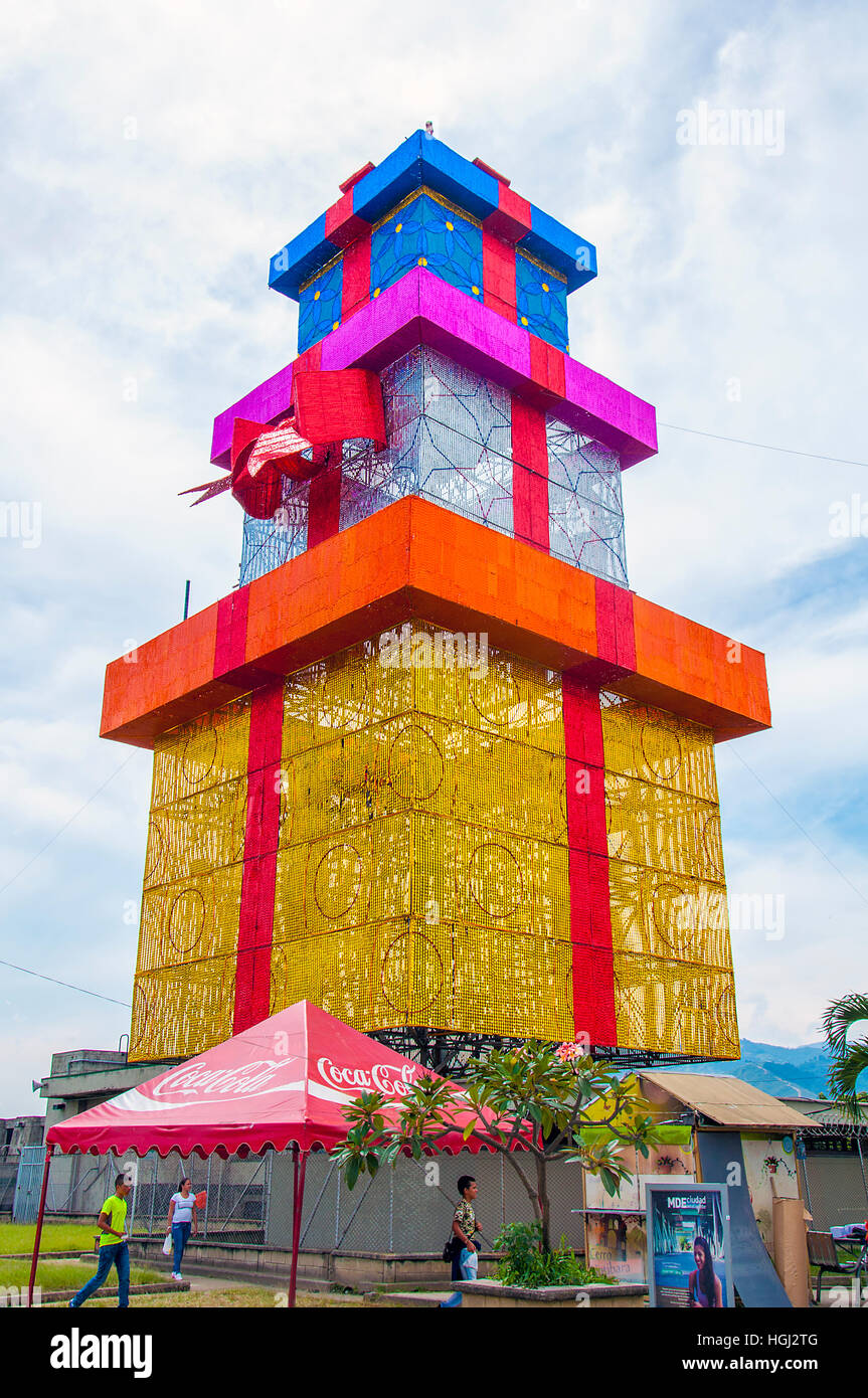 Multicolored gift tower in Medellin, Colombia, Stock Photo