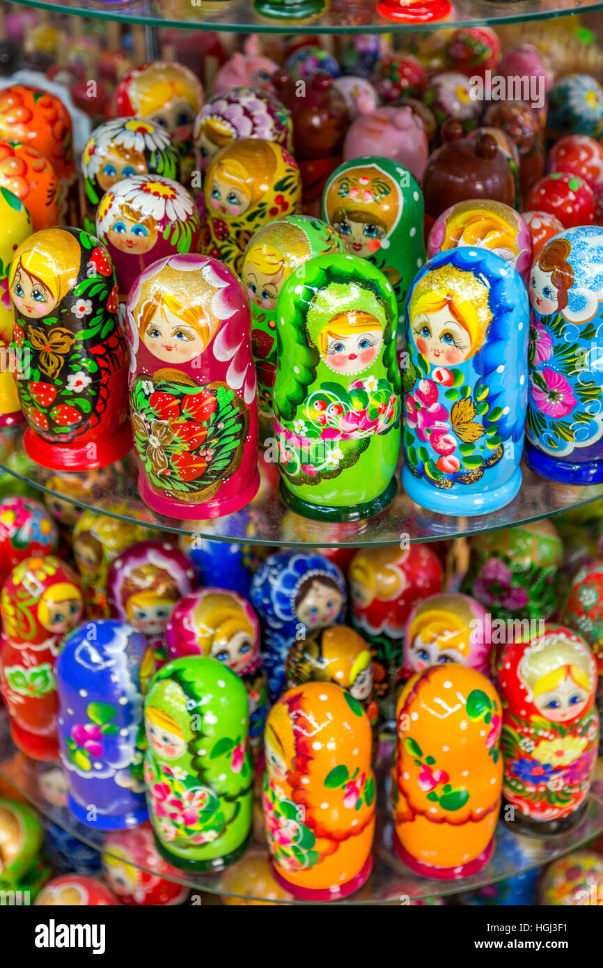 Matryoshkas, Russian nesting dolls on display in a shop, in the Old