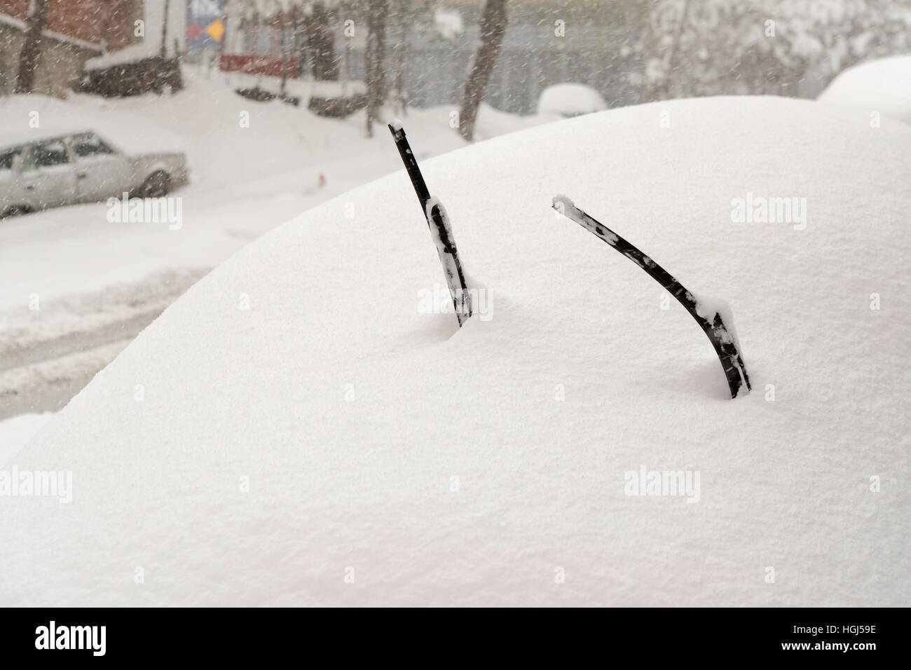 Car is fully covered with snow and lifted windshield wiper up against