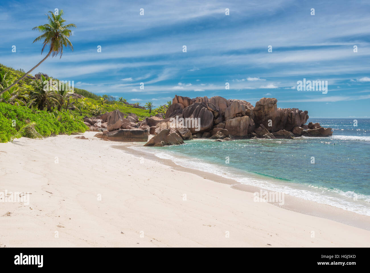 Beautiful granite rocky on Anse Coco beach at La Digue island in Seychelles Stock Photo